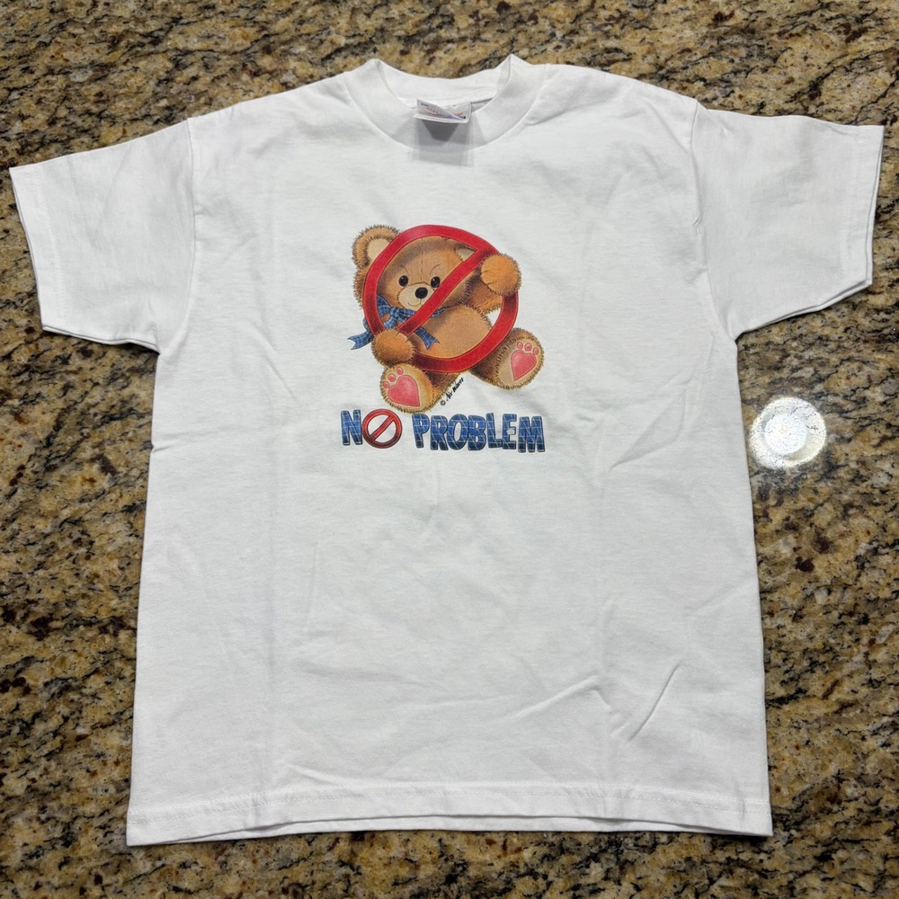 Vintage Hanes Heavyweight No Problem Teddy Bear Graphic Tee Youth M White v
